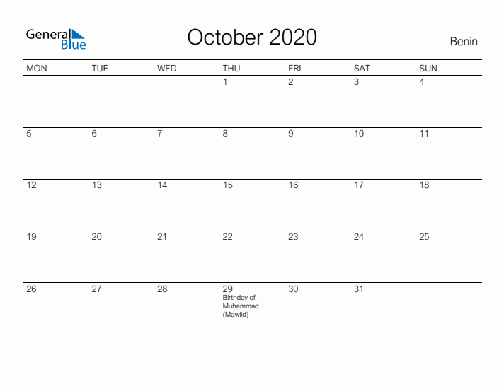 Printable October 2020 Calendar for Benin