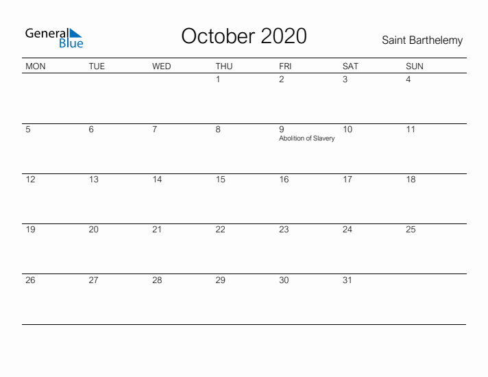 Printable October 2020 Calendar for Saint Barthelemy