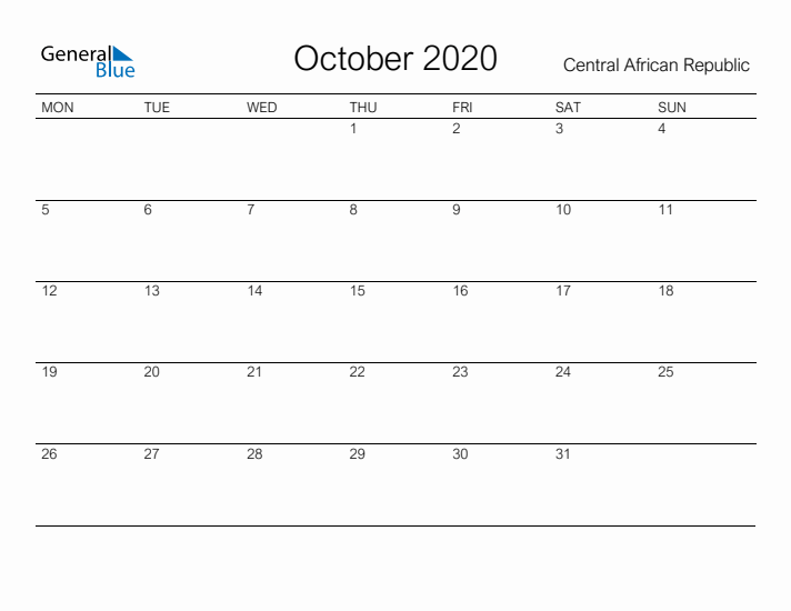 Printable October 2020 Calendar for Central African Republic