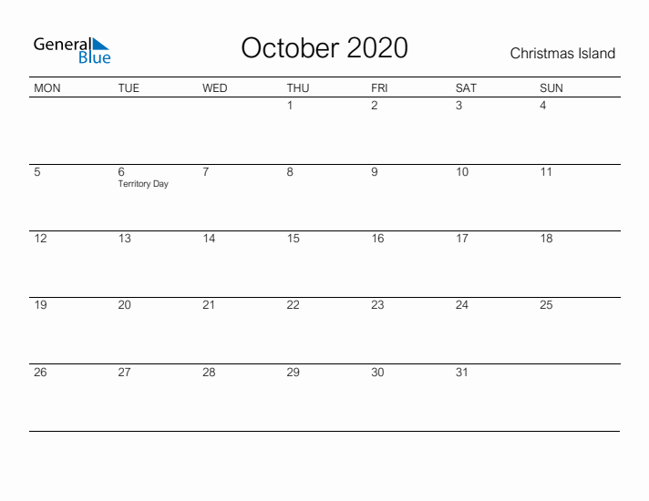 Printable October 2020 Calendar for Christmas Island