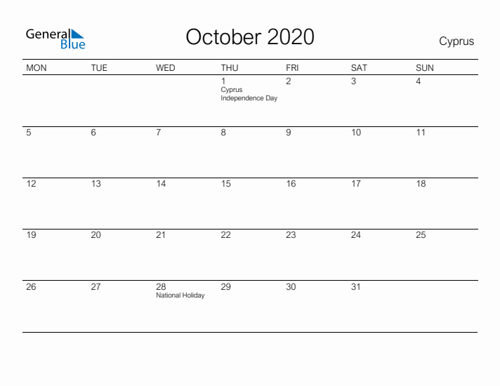 Printable October 2020 Calendar for Cyprus