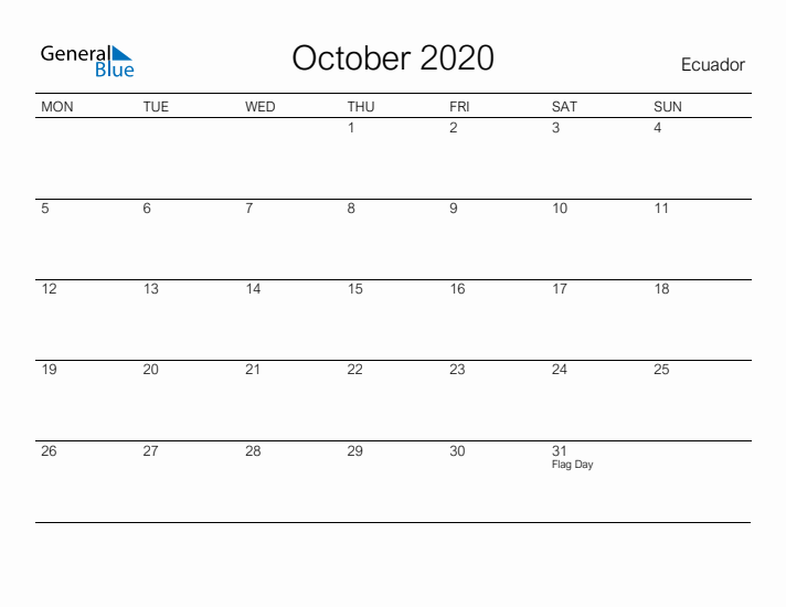 Printable October 2020 Calendar for Ecuador