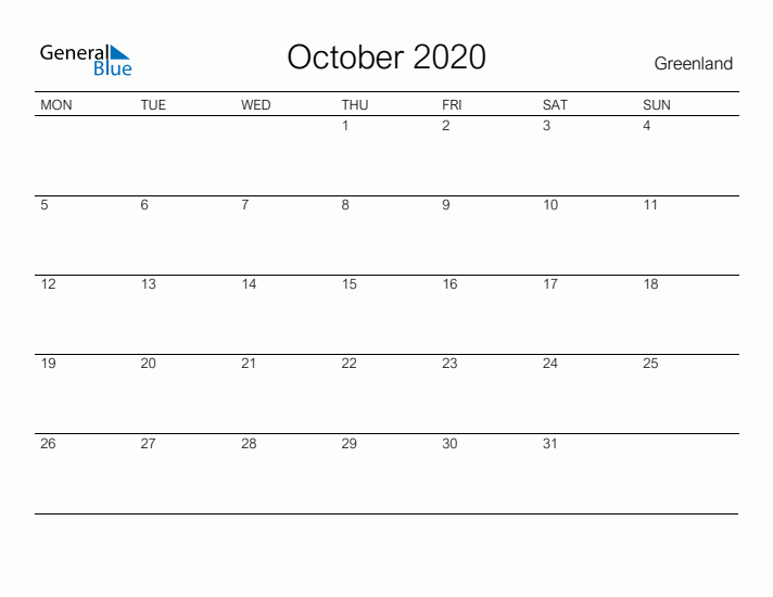 Printable October 2020 Calendar for Greenland