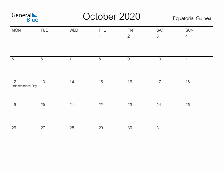 Printable October 2020 Calendar for Equatorial Guinea