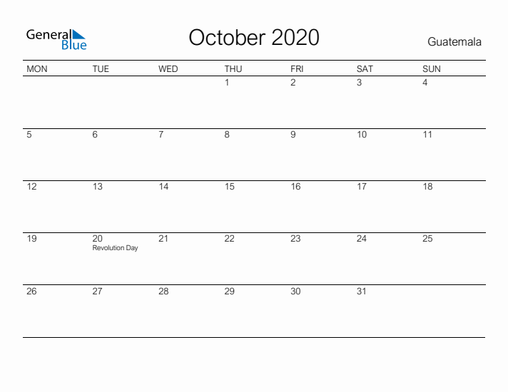 Printable October 2020 Calendar for Guatemala