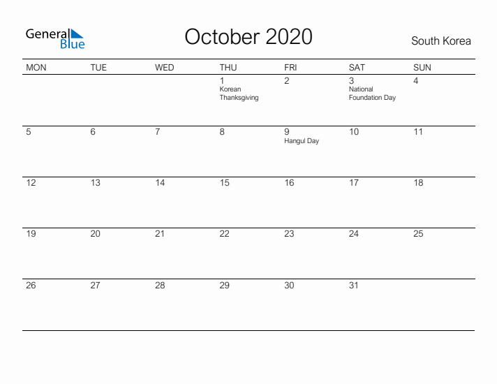 Printable October 2020 Calendar for South Korea