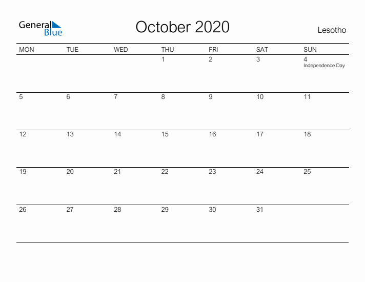 Printable October 2020 Calendar for Lesotho