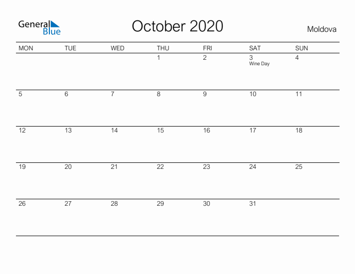 Printable October 2020 Calendar for Moldova