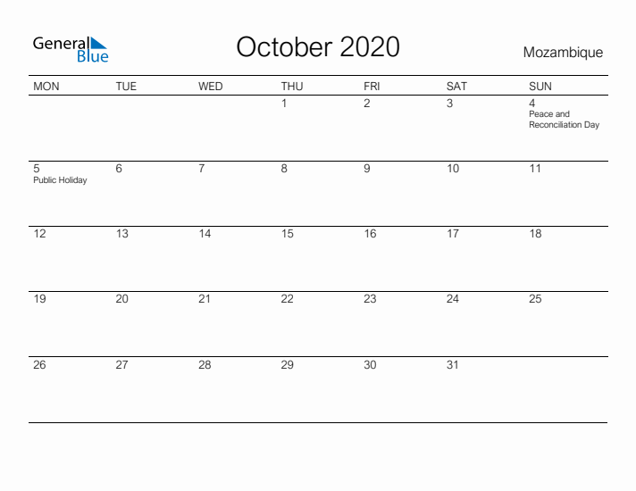 Printable October 2020 Calendar for Mozambique