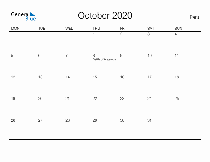 Printable October 2020 Calendar for Peru