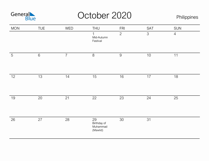 Printable October 2020 Calendar for Philippines