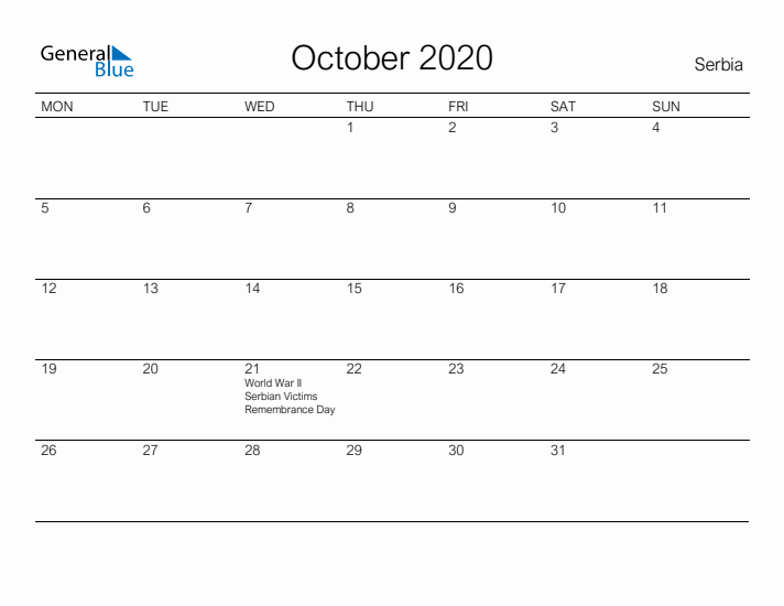 Printable October 2020 Calendar for Serbia