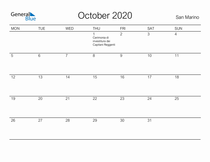 Printable October 2020 Calendar for San Marino