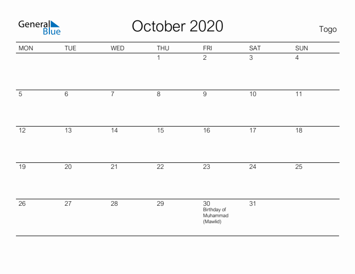 Printable October 2020 Calendar for Togo