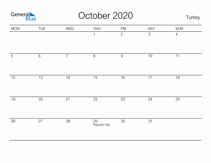 Printable October 2020 Calendar for Turkey