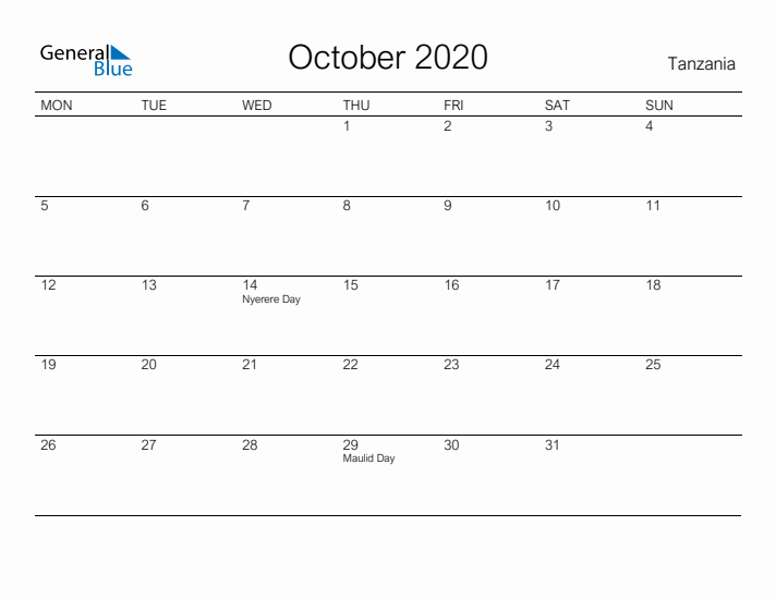 Printable October 2020 Calendar for Tanzania