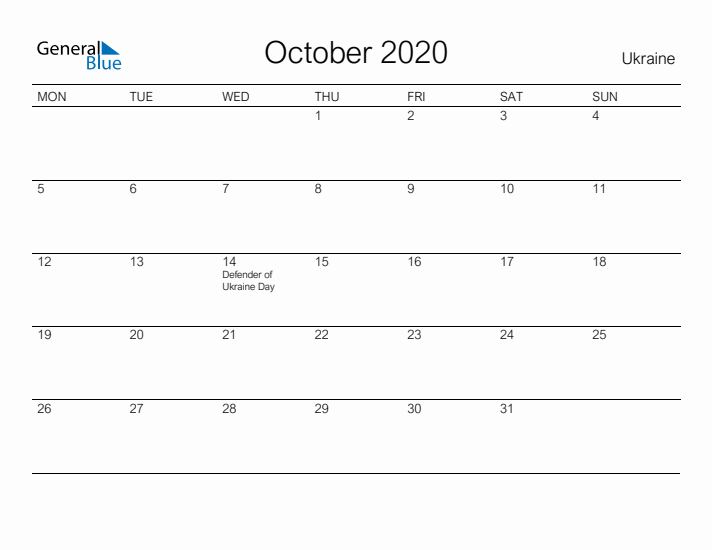 Printable October 2020 Calendar for Ukraine