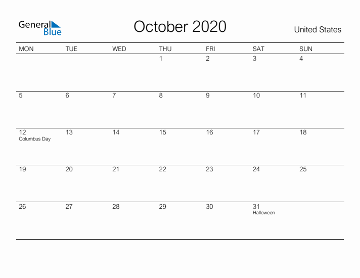 Printable October 2020 Calendar for United States