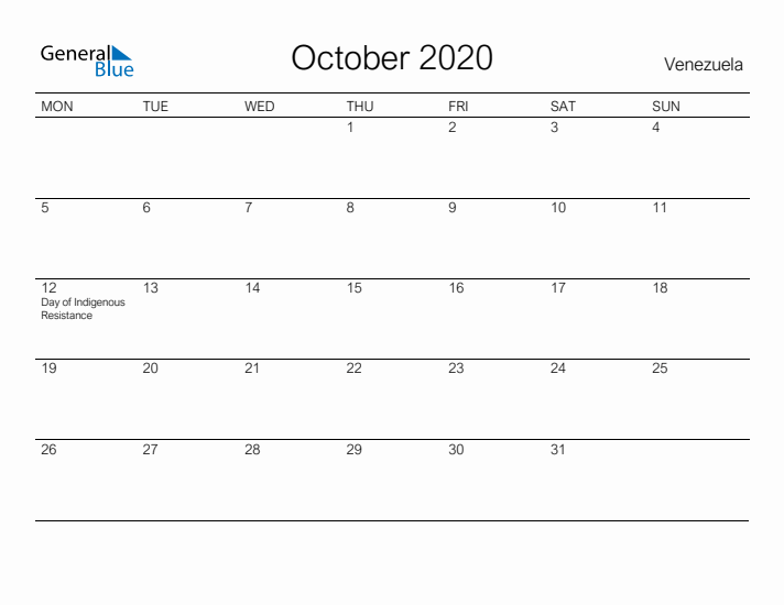 Printable October 2020 Calendar for Venezuela