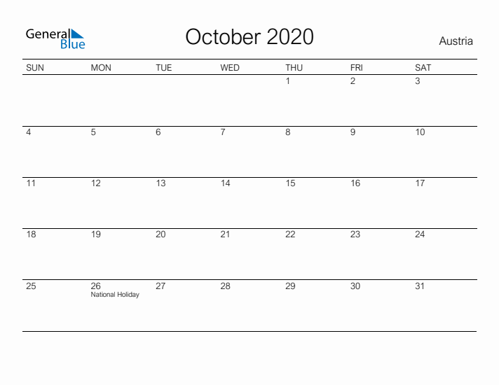 Printable October 2020 Calendar for Austria