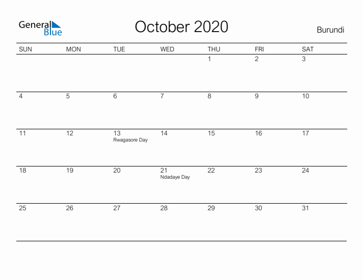 Printable October 2020 Calendar for Burundi