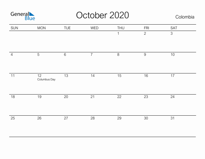 Printable October 2020 Calendar for Colombia