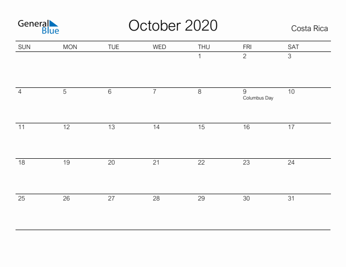 Printable October 2020 Calendar for Costa Rica