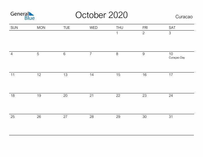 Printable October 2020 Calendar for Curacao