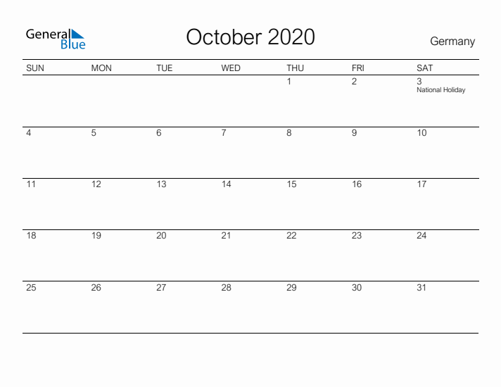 Printable October 2020 Calendar for Germany