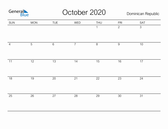 Printable October 2020 Calendar for Dominican Republic