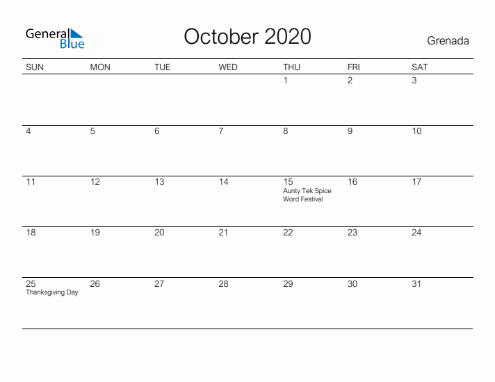 Printable October 2020 Calendar for Grenada