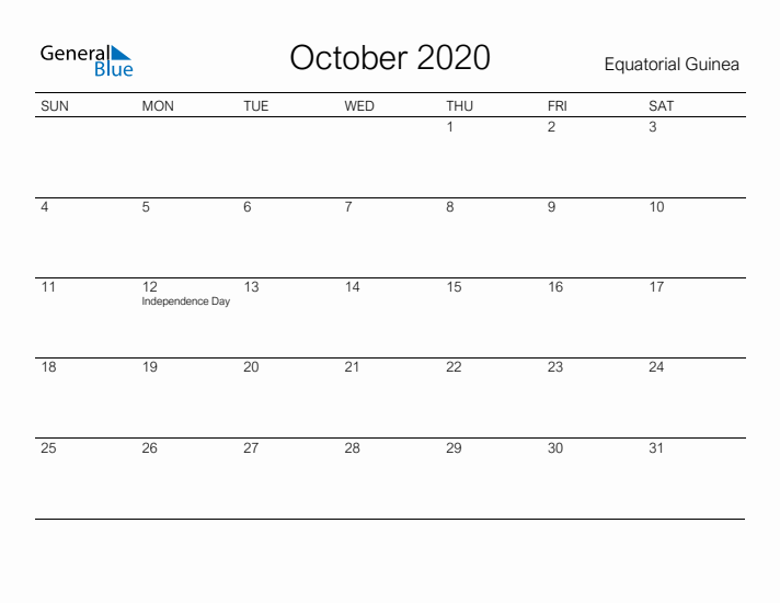 Printable October 2020 Calendar for Equatorial Guinea