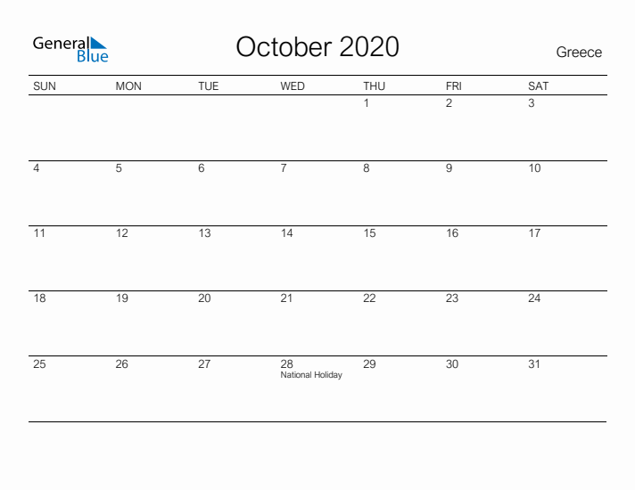 Printable October 2020 Calendar for Greece