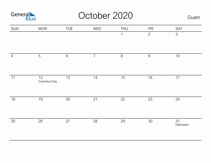 Printable October 2020 Calendar for Guam