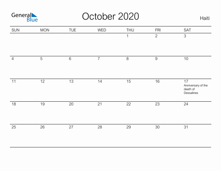 Printable October 2020 Calendar for Haiti