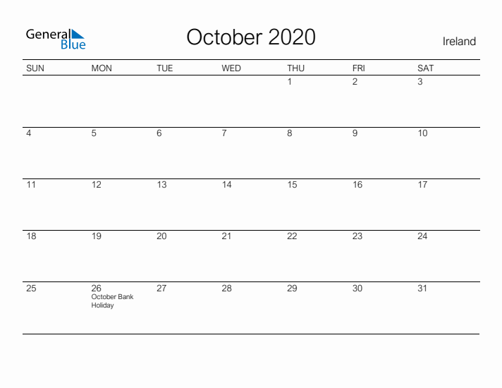 Printable October 2020 Calendar for Ireland