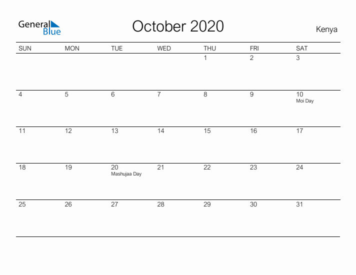 Printable October 2020 Calendar for Kenya