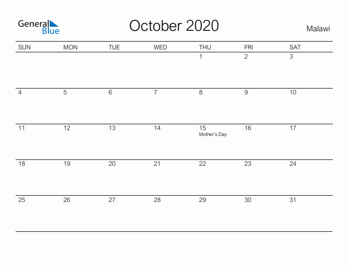 Printable October 2020 Calendar for Malawi