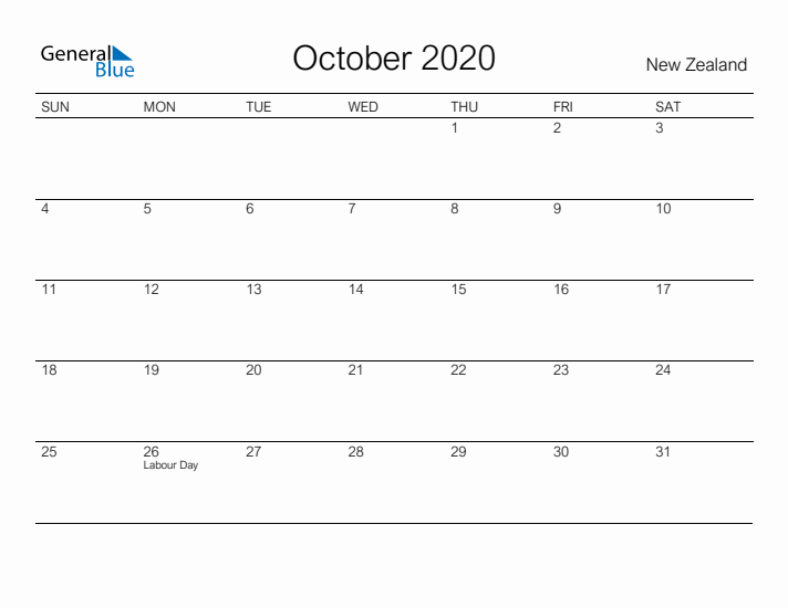 Printable October 2020 Calendar for New Zealand