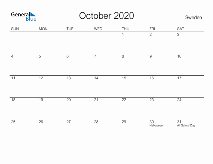 Printable October 2020 Calendar for Sweden