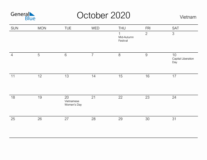 Printable October 2020 Calendar for Vietnam