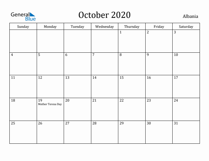 October 2020 Calendar Albania