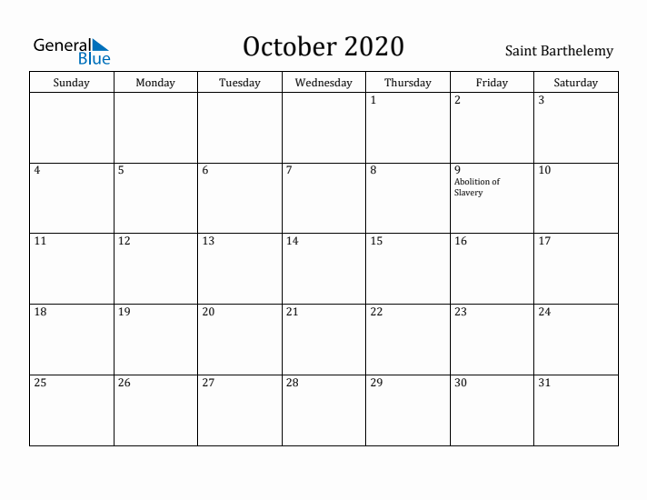 October 2020 Calendar Saint Barthelemy