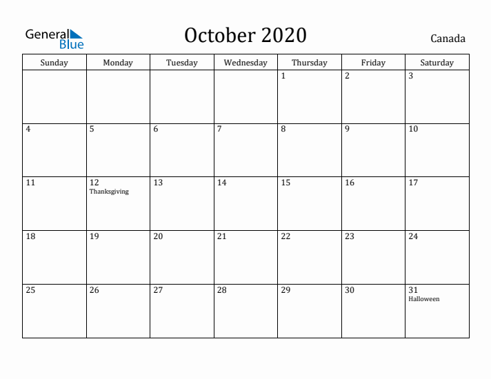 October 2020 Calendar Canada