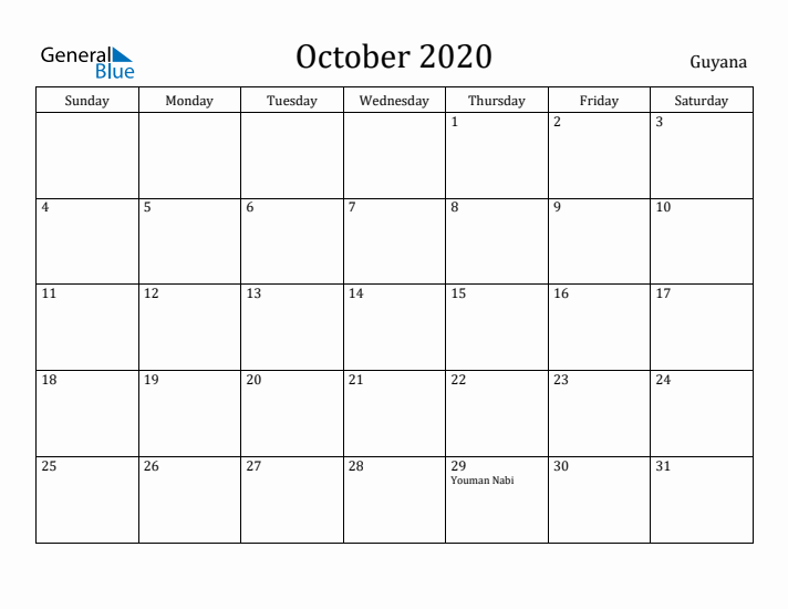 October 2020 Calendar Guyana