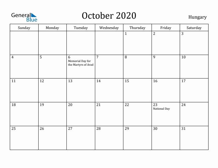 October 2020 Calendar Hungary