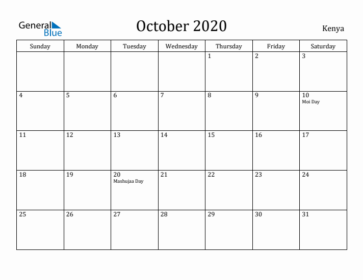 October 2020 Calendar Kenya