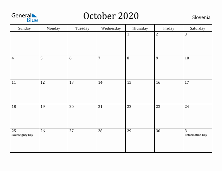 October 2020 Calendar Slovenia