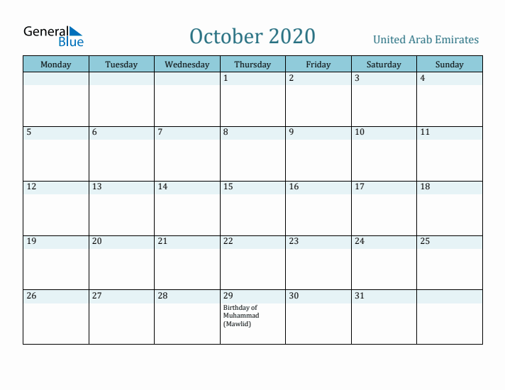 October 2020 Calendar with Holidays