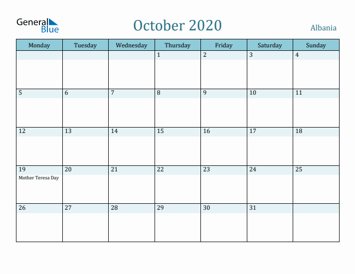 October 2020 Calendar with Holidays